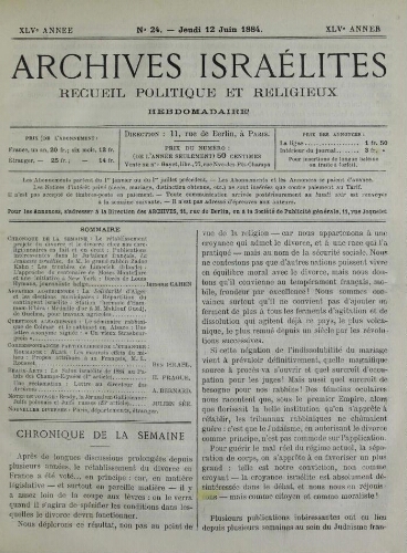 Archives israélites de France. Vol.45 N°24 (12 juin 1884)
